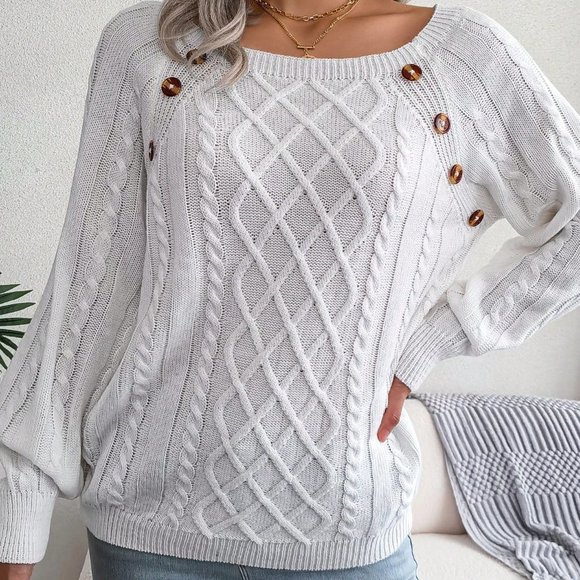 White Casual Womens Cable Knit Button Detail Raglan Sleeve Sweater - Picture 5 of 5